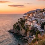 Coppia felice in un paesaggio romantico italiano durante il viaggio di nozze.