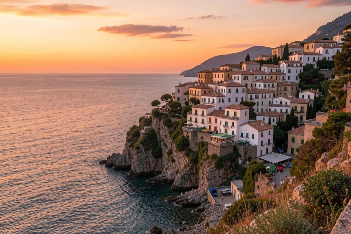 Coppia felice in un paesaggio romantico italiano durante il viaggio di nozze.